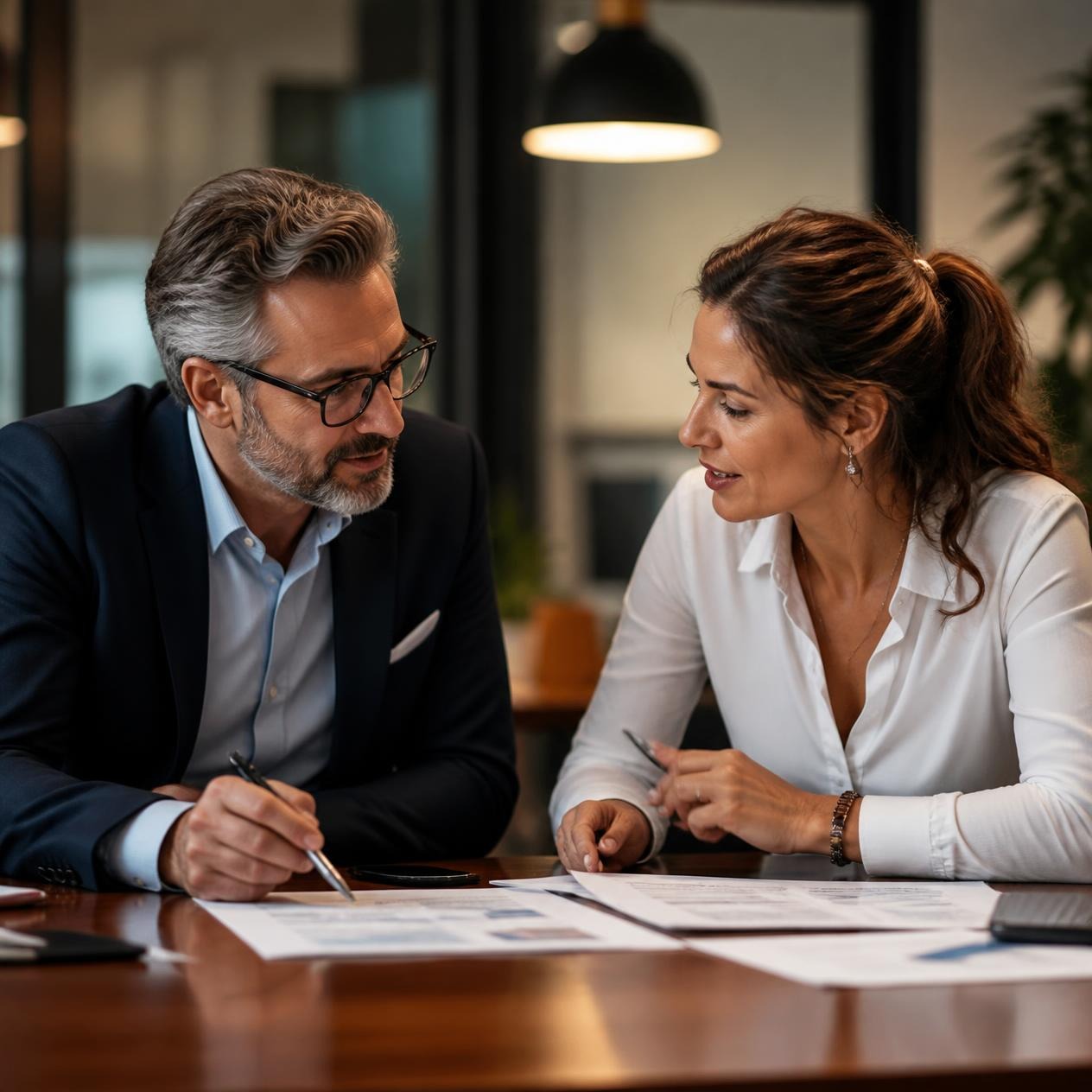 Two executives reviewing lease documents together